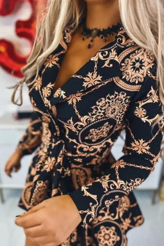 Baroque Print Mini Dress with Notched Collar
