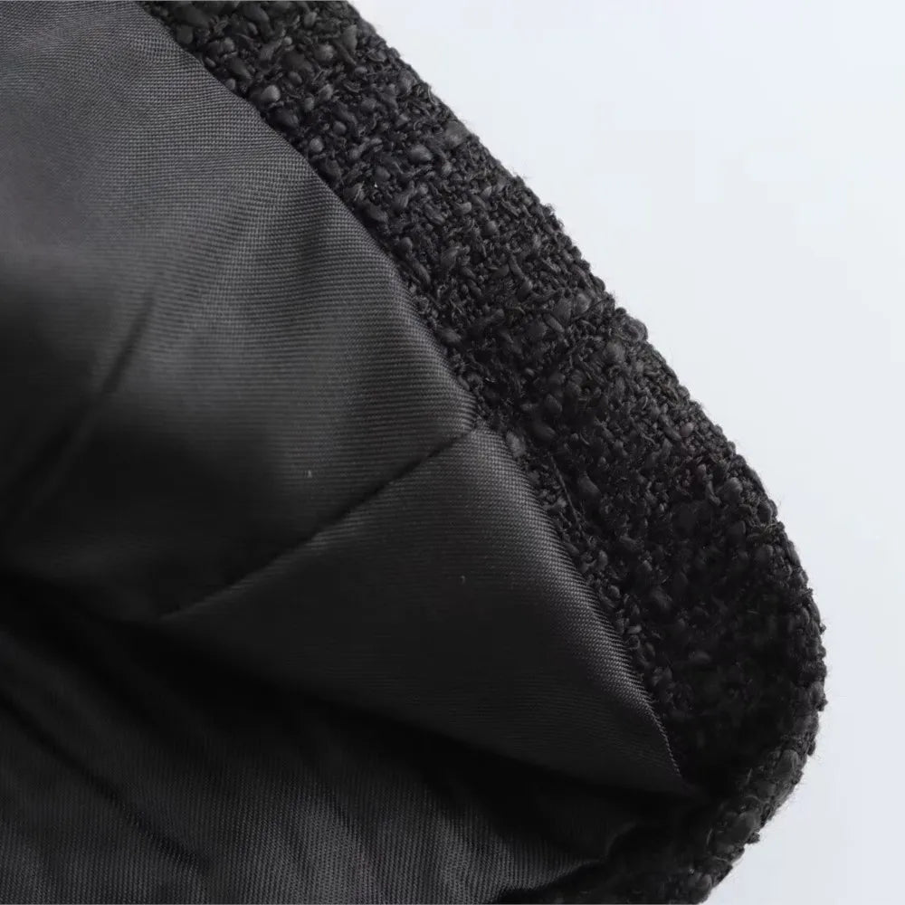 Autumn O neck Soft Woolen Black Tweed Coat Cropped Vintage Women Front Pocket Single-Breated Buttons Short Blazer Elegant Jacket