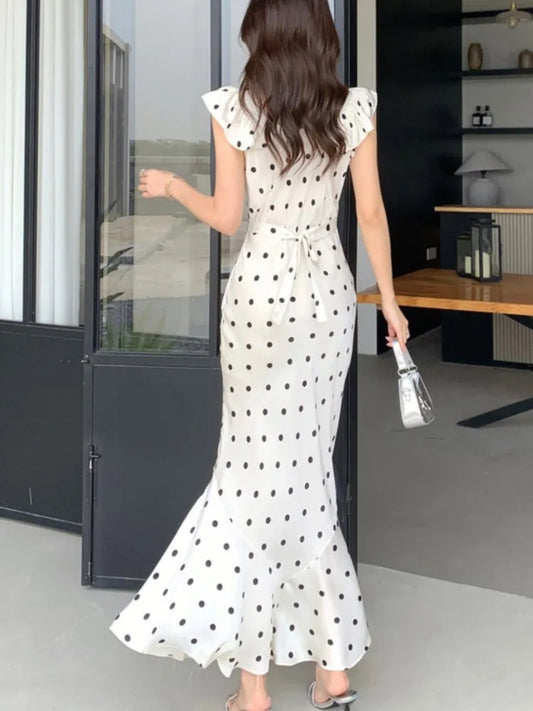Elegant Bodycon Dot Midi Dresses for Women Ruffles V-neck Sleeveless Slim Mermaid Evening Party Dress Prom Robe Vestidos Mujer