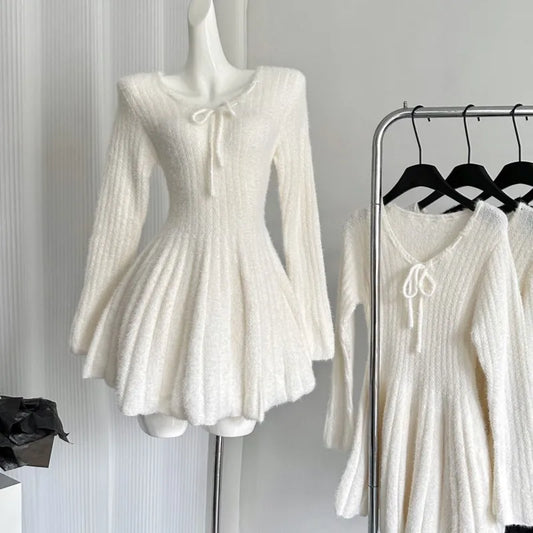 Sexy Solid Autumn Winter Elegant Knitted Dresses for Woman Y2K Harajuku Slim Sweater Dress New Korean Chic Mini Party Dress