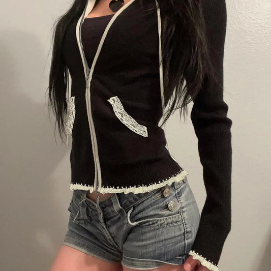 Fashion Y2K Women Zip Up Sweater with Hooded Slightly Thick Autumn Winter Lace Trim Pocket Knit Coat Slim Contrast