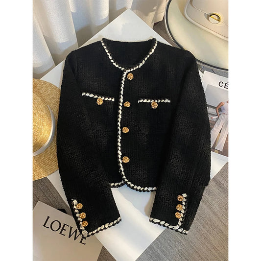 Vintage Tweed Jacket Women Elegant Cropped Quilted Coat Commute Black Blazer Winter Ladies Korean Short Outerwear Tops New