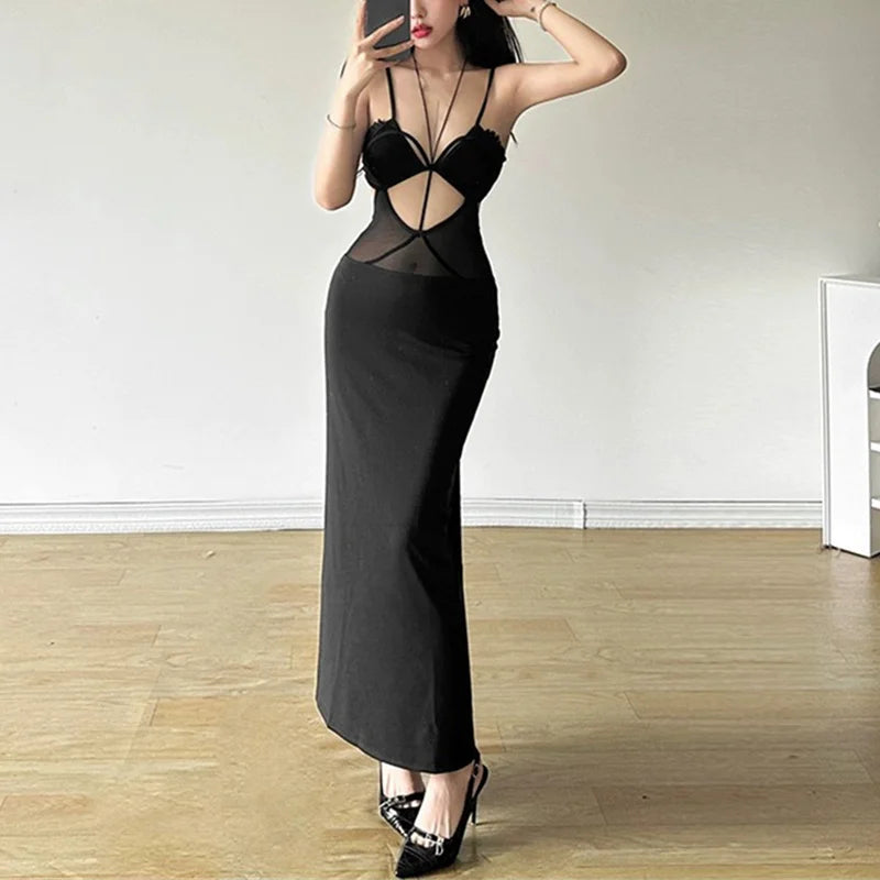 Summer Dress Women Sexy Solid Color Hollow Out Spaghetti Strap Sleeveless Mesh Bodycon Dress Evening Party Dresses