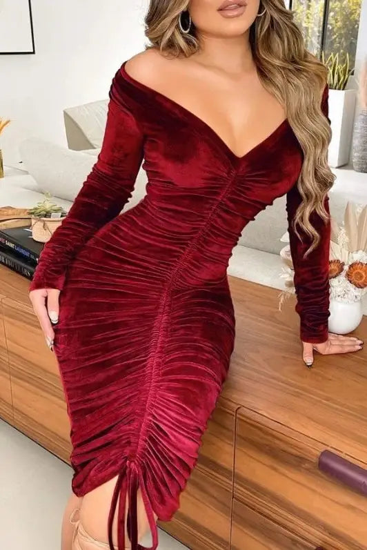V-Neck Velvet Mini Dress with Waistband