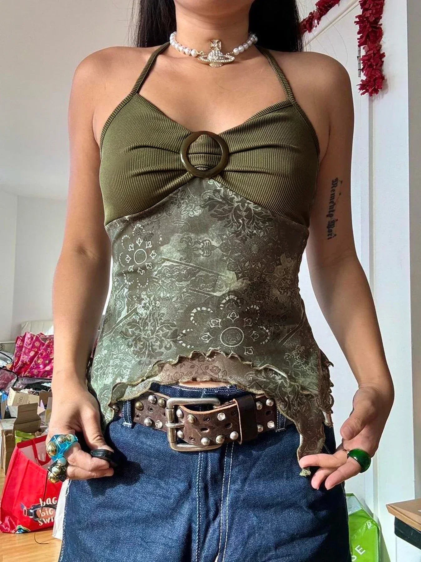 Patchwork Mesh Backless Print Cami Top