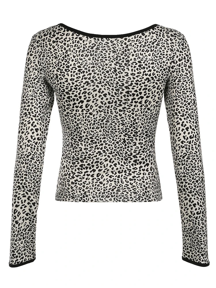 Contrast Binding Leopard Long Sleeve Tees O Neck Slim American Retro Casual Spring Autumn T Shirts