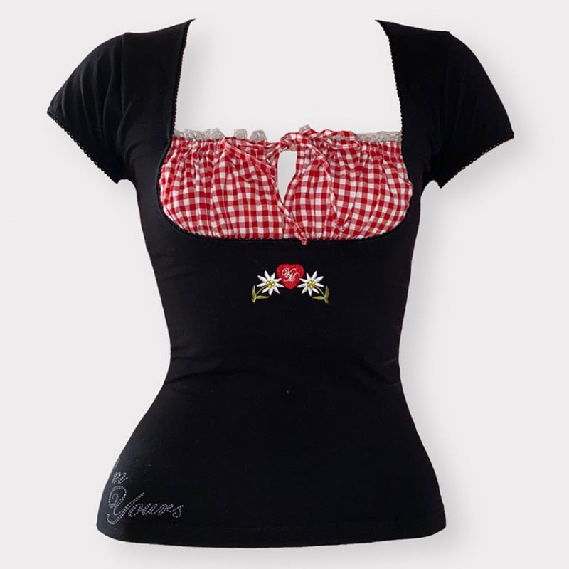 Voguable Vintage Kawaii Bow Embroidery Mini Dress Patchwork Square Collar Short Sleeve Black Dress Retro Y2K Aesthetic Fairy Clothes