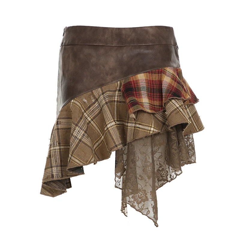 American Retro Asymmetrical Women¡¯s Mini Skirts Lace Stripes Plaid Leather Irregular Fashion Chic Design Short Dresses