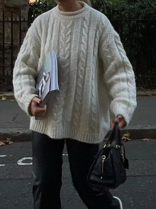 Casual Knitted Long Sleeve Sweaters Women Loose White Half High Neck Pullover Sweater Female Autumn Simple Chic High Street Tops