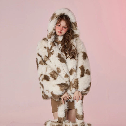 Sweet Harajuku Y2k Fashion Girls Oversized Leopard Faux Fur Coat Women Winter Thicken Fox Fur Jacket Hooded Overcoat Outerwear