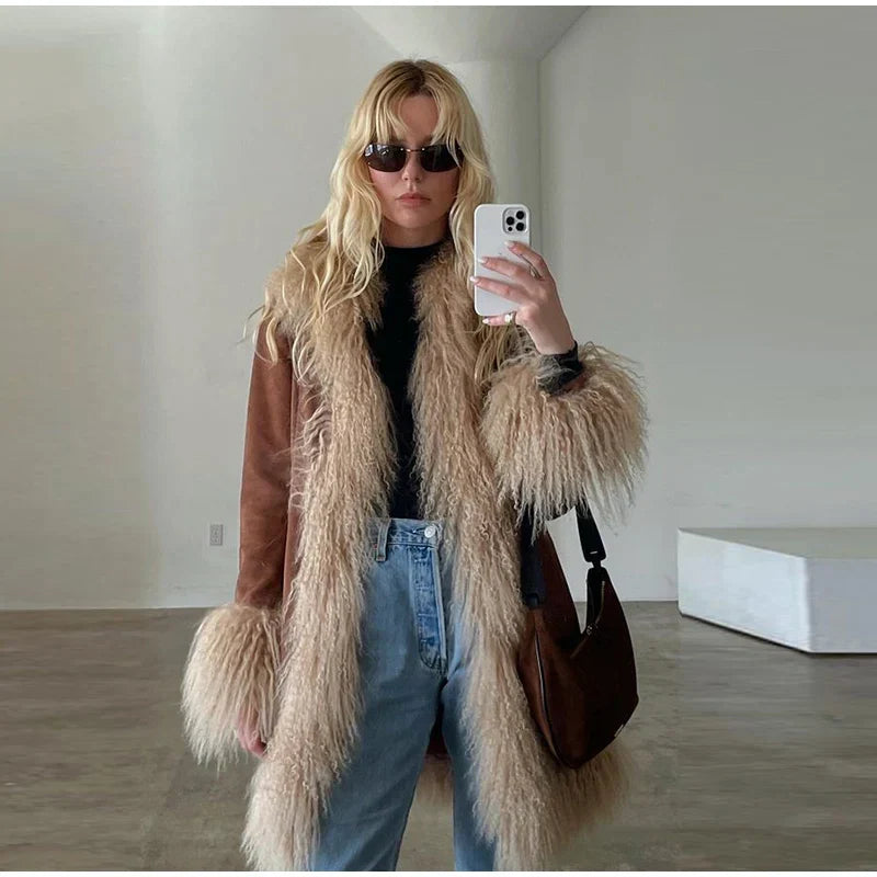 Vintage Furry Faux Fur Women Patchwork Coats Winter Long Sleeve Lapel Female Loose Jacket Casual Pockets Thick Warm Lady Outwear