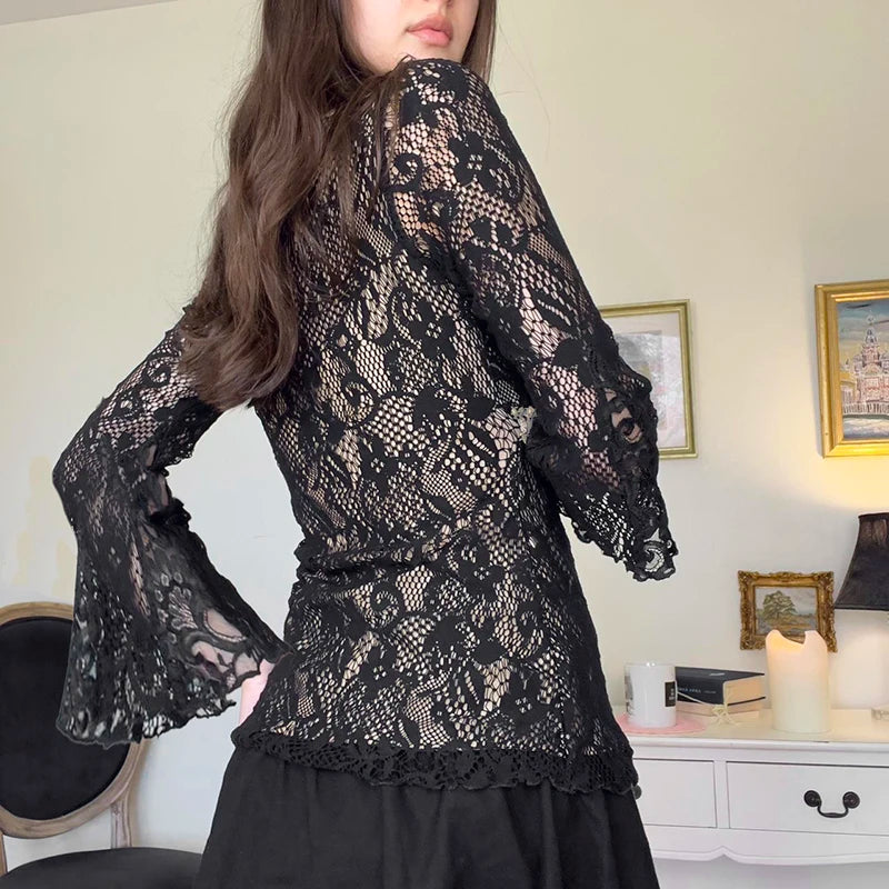 Elegant Lace V-neck Top Vintage Aesthetic Classic Style Long Sleeve Lace-up T-shirt Grunge Chic Sexy Tee Streetwear