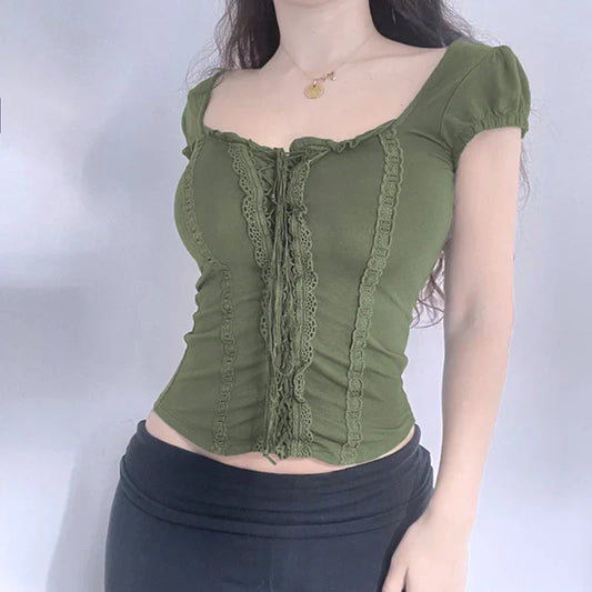 Voguable Folds Lace Stitching Bandage Cropped Top Fairycore Grunge Short Sleeve T-shirts Vintage Y2K Tops Chic Basic Streetwear