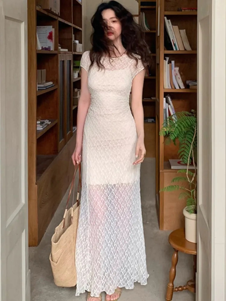 Elegant Mesh Two Piece Dress Set Slim Midi Dresses for Women Frence Retro Lace Y2K Bodycon Birthday Party Dress Prom Vestidos