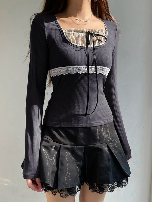 Contrast Color Patchwork Lace Trim Balletcore Y2K Gray T-Shirt Women Japanese Kawaii Slim Basic Long Sleeve Cute Lace-Up Tee