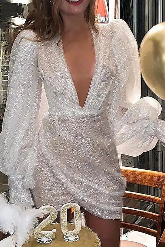 V Neck Lantern Sleeve Pleated Mini Dress
