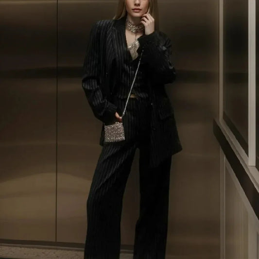 Spring Black Striped Oversized Blazer Women Loose Notched Full Sleeve Suits High Waist Long Flare Pants Halter Tank Tops
