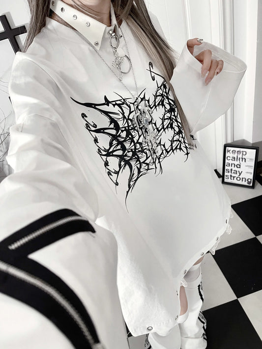 Dark Print Cotton Loose Long Sleeve T-Shirt