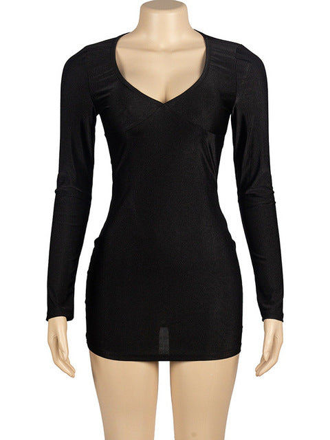 Sexy Deep V Long Sleeved Tight Elastic Short Skirt For Women’s New Pullover Slim Wrap Hip High Waist Dress Party Street