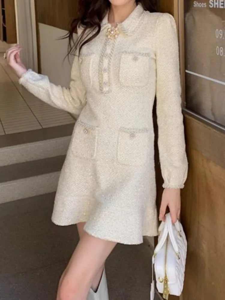 Elegant Short Dress European Style Tweed Lapel Beading Button Long Sleeve Fashion Dresses For Women 2025 Spring Summer 9896