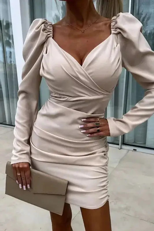 V Neck Pleated Mini Dress