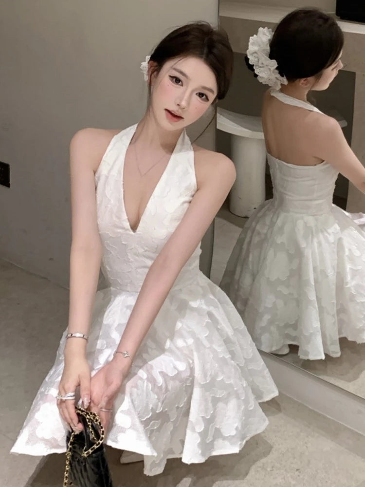 Y2K Halter Backless Short Dresses for Women V-neck Jacquard Sleeveless A-line Birthday Party Dress Prom Mini Vestidos Mujer New