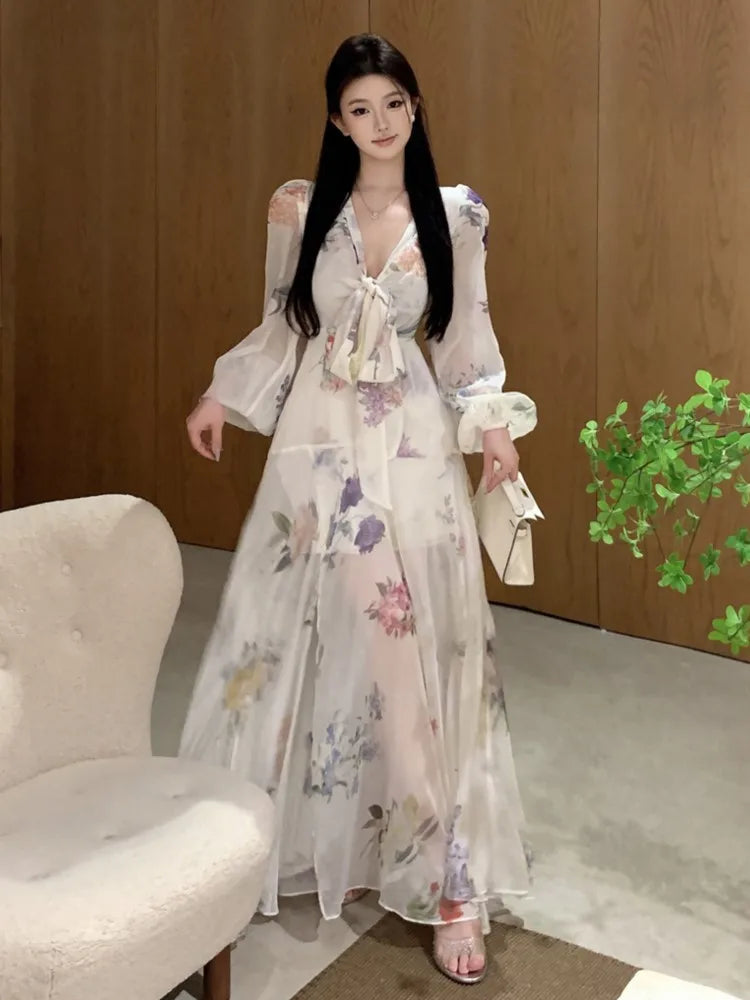 Elegant Floral Printed Long Dresses for Women Lantern Sleeve V-neck High Split Y2K Fairy Party Dress Korean Fashion Vestidos New
