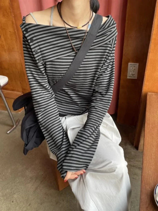 Y2k Vintage Streetwear Hoodies Korean Style Hit Color Striped Strapless Buttons Loose Tops