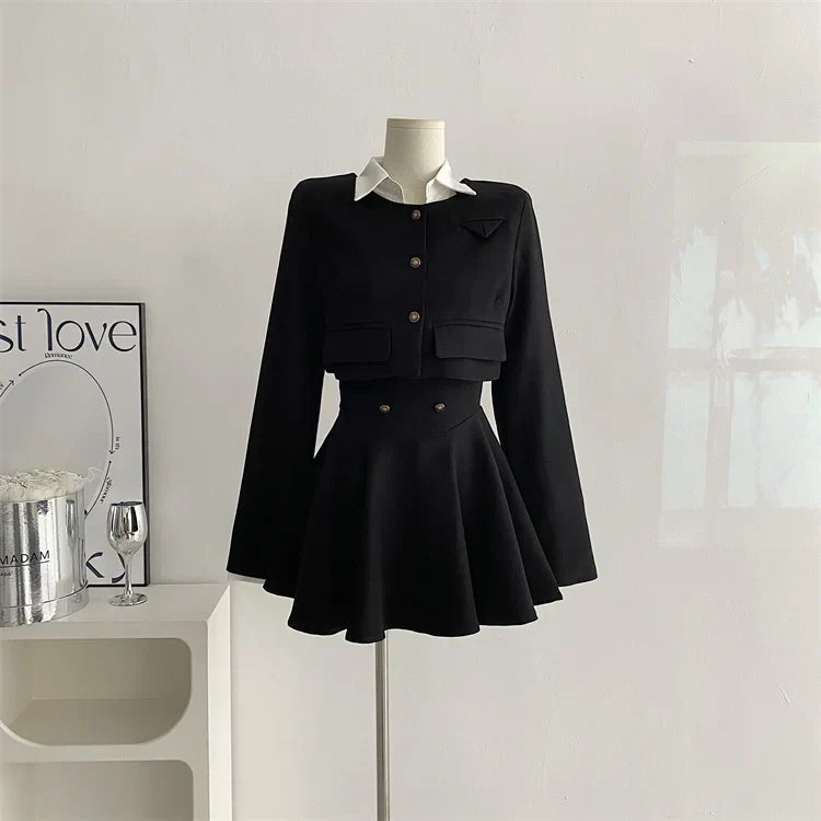 Voguable Y2K 3 Piece Set Cropped Coat + Long Sleeve Shirt + High Waist Halter Ruffles Mini Dress Korean Chic Outfits