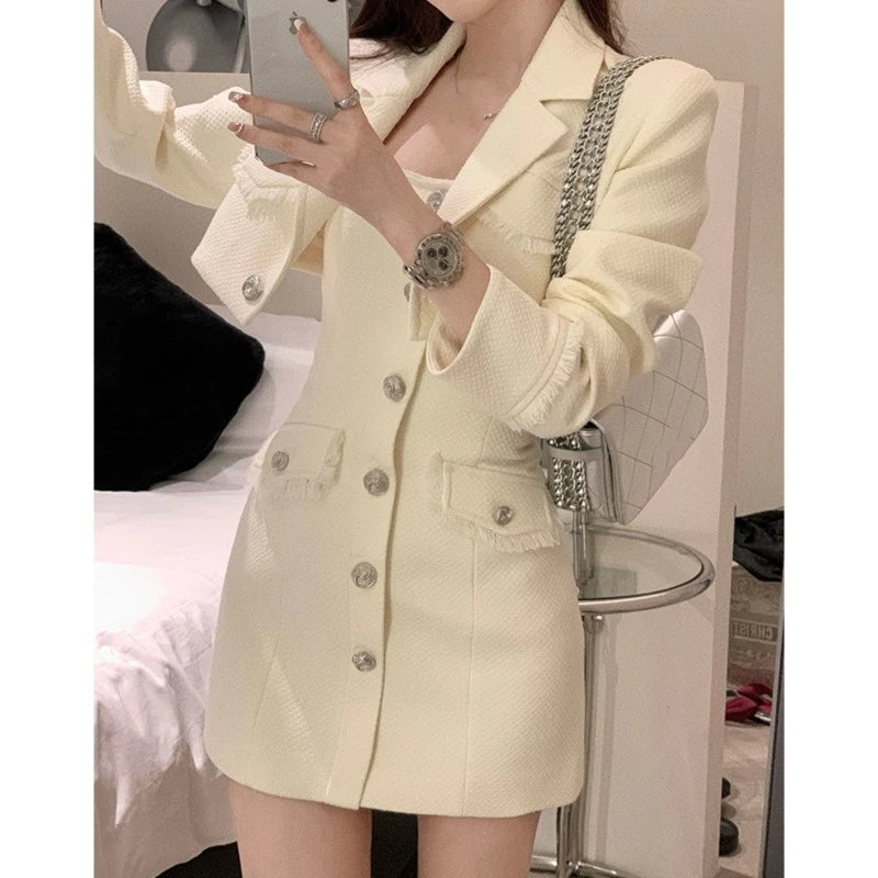 Elegant Autumn New Tweed Two-piece Set Women Long Sleeve Short Jacket Strapless Bodycon Mini Dress Korean Fashion Luxury Outfits