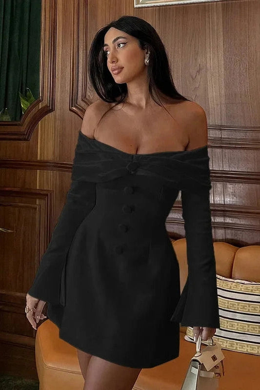 Off-Shoulder Strapless Mini Dress with Flare Sleeves
