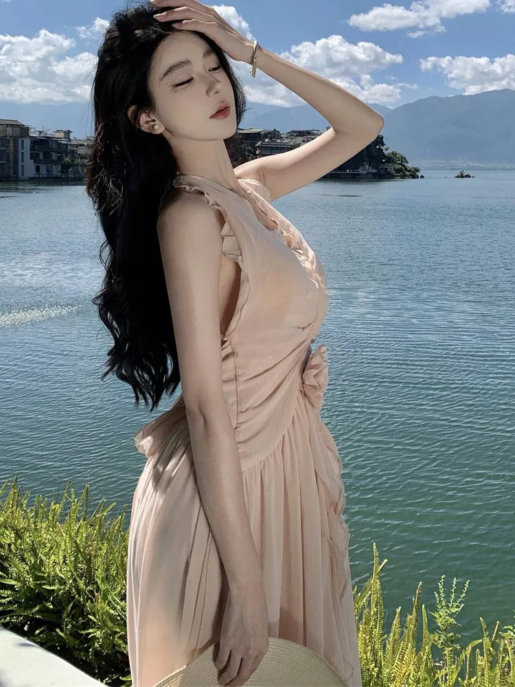 Summer New Ruffles A-line Long Dresses for Women Halter Backless Holiday Seaside Party Dress Korean Fashion One Piece Vestido