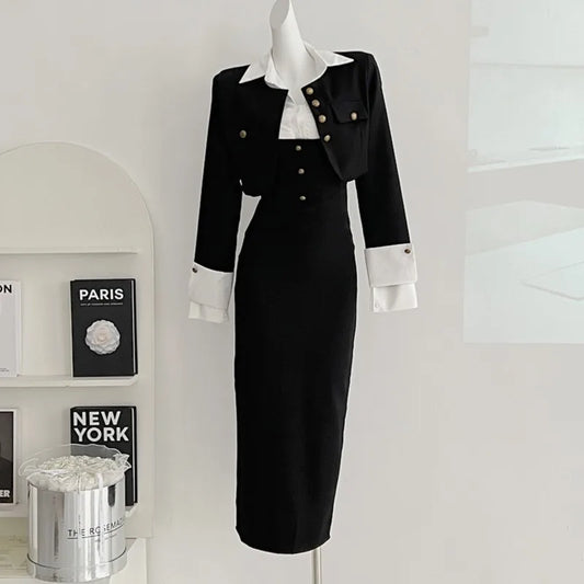 Y2K 3-piece Set Women Crop Coat Blazer White Shirt Halter Sleeveless Bodycon Midi Dress Autumn New Female Korean Chic Outfits