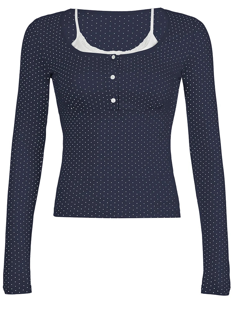 Dot Print Slim Y2K Long Sleeve T-Shirt Women Contrast Lace Patchwork Button Up Square Collar Cute Japanese Kawaii 2000s Tees
