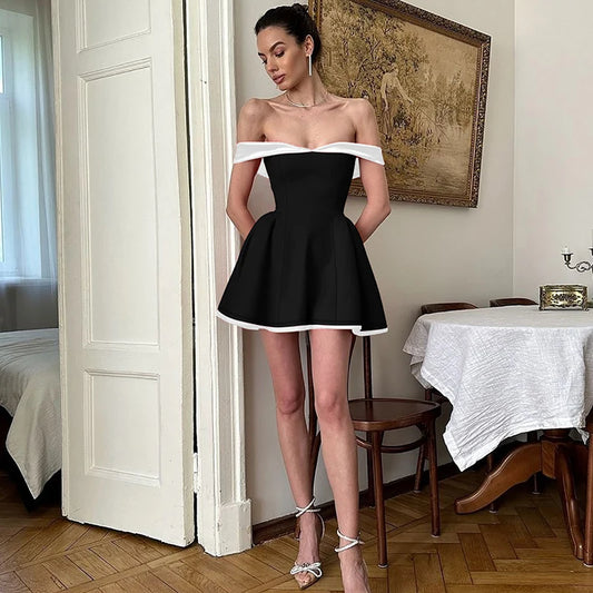 Sexy Tube Top Gown Dress For Women Slim Contrast Color Mini Dresses Elegant Backless One-Shoulder Clothes Female Chic