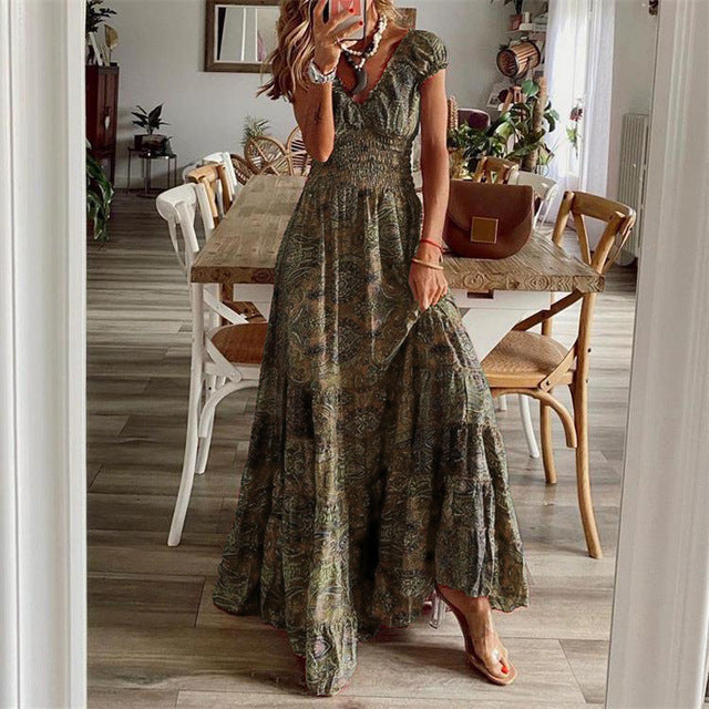 Bohemian Print Long Dresses Women V-neck Elastic Waist Short Sleeves Casual Vacation Style Dress Female Trendy Vintage Vestidos