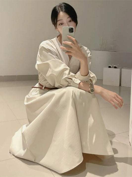 Korean Fashion V-neck Midi Dresses for Women with Belt Long Sleeve A-line Office Lady Autumn New Elegant Solid Female Clothing