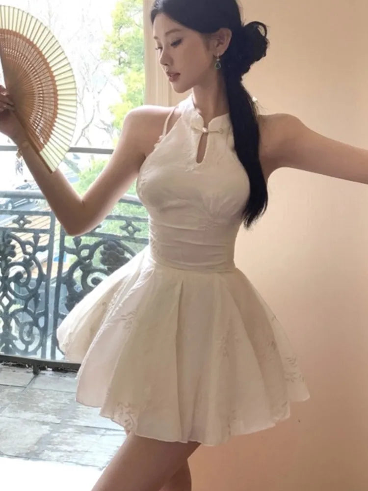 New Chinese Style Halter Short Dresses for Women Sleeveless High Waist A-line Party Dress Elegant Summer One Piece Vestido Mujer