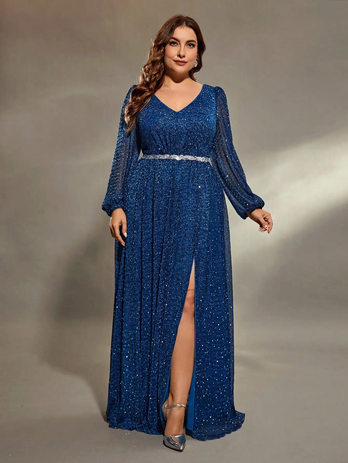 plus size V-neck lantern Long sleeve chest pleats waist sequin webbing net slit A full skirt Evening gown Ball dress