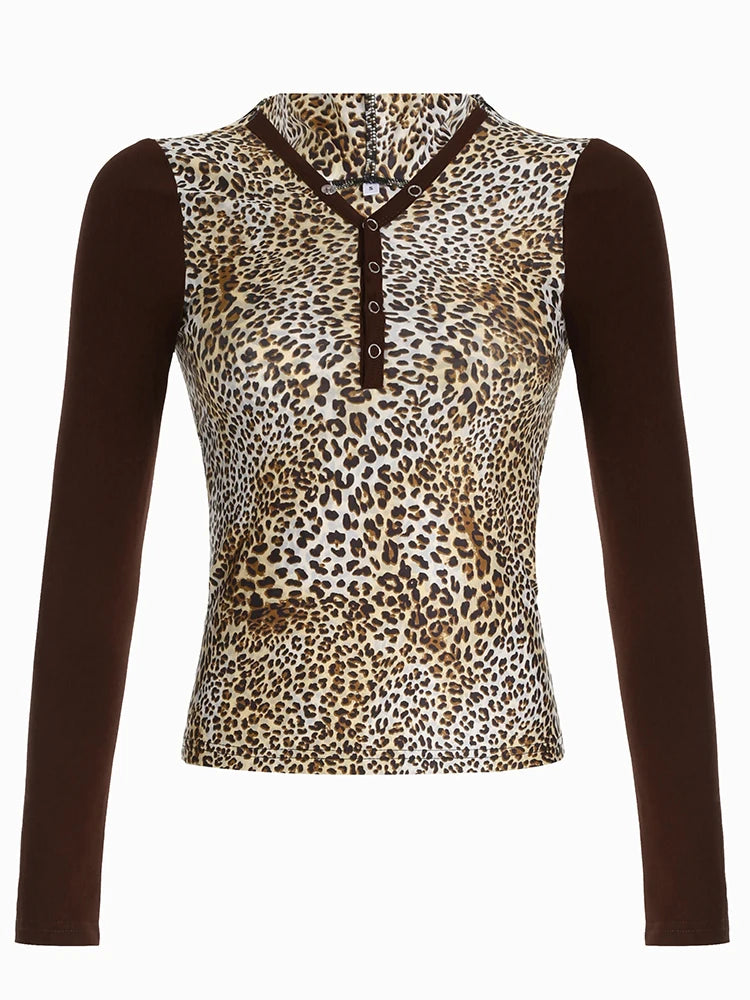 Button V Neck Slim Leopard Hooded Tee Contrast Patchwork Long Sleeve American Retro Y2K Basic T Shirt Women Aesthetic Clothes