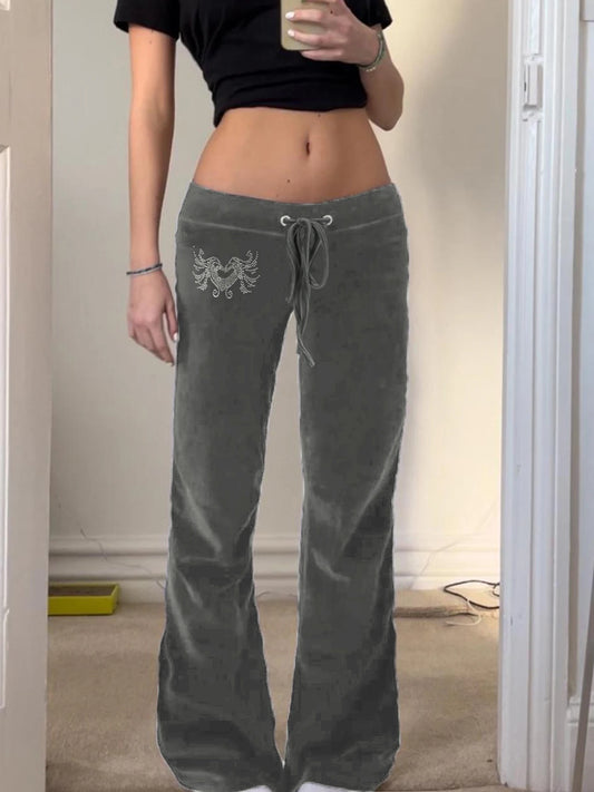 American Retro Y2K Low Waisted Velvet Flared Pants Women Drawstring Tie Waist Heart Rhinestone Cute Casual Streetwear Trousers