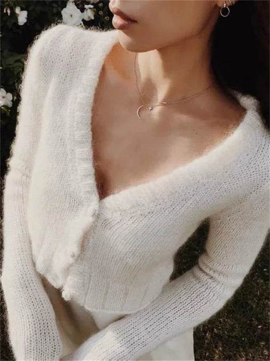 V-Neck Knitwear Sweater Cardigan For Women Cropped Long Sleeve Streetwear Sexy Cropped Knit Outwear Women’s Patchwork Coat