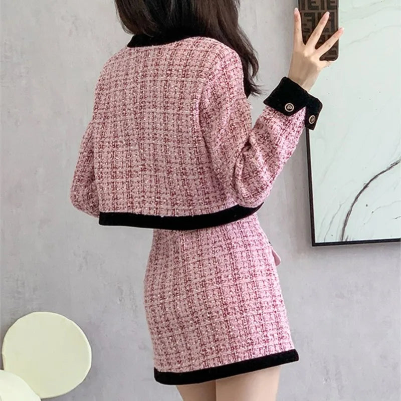 Autumn Winter Tweed Two-Piece Skirt Set Women Short Jacket Coat + Mini Skirt Suits Elegant Korean Fashion Female Outfits