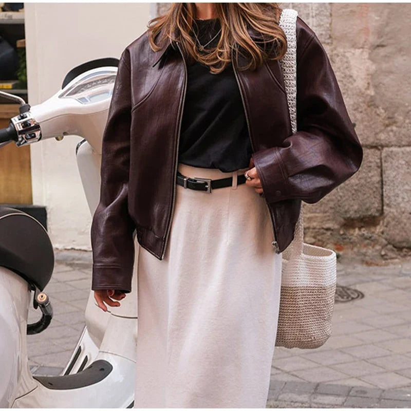 PU Leather Women Jackets Coats Casual Turn Down Collar Long Sleeve Zipper Female Motorcycle Top Coat Autumn Vintage Outwear