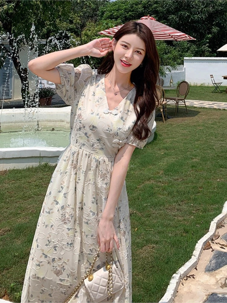 Summer New Chinese Style Midi Dresses for Women Floral Printed V-neck Puff Sleeve A-line Casual Elegant Dress One Piece Vestido