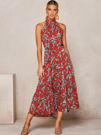 Vestido largo informal con cuello halter y estampado de lunares para mujer | Ideal para primavera/verano