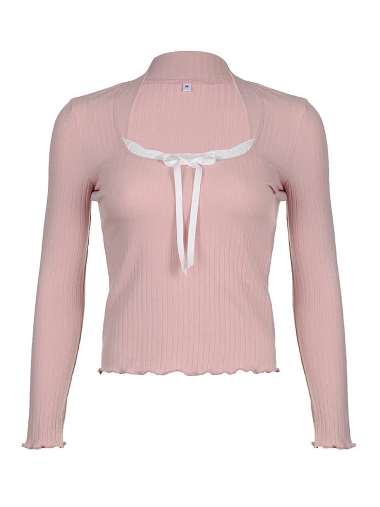 Japanese Kawaii Sweet Pink Knitted Ribbed Tee Contrast Lace Tie Bow Square Collar Long Sleeve Basic Spring Autumn T Shirt Women