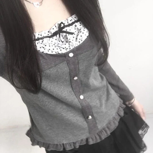 Voguable Ribbons Bow Contrast Patchwork T-shirt Y2K Aesthetic Button Up Frill Casual Basic Crop Top Kawaii Lolita Tops Cute Tees
