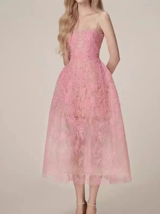 Korean Style 3D Flower Sequin Lace Strapless Dress Elegant Multi-color Mesh Long Dresses Women 2025 New Spring Summer A7877