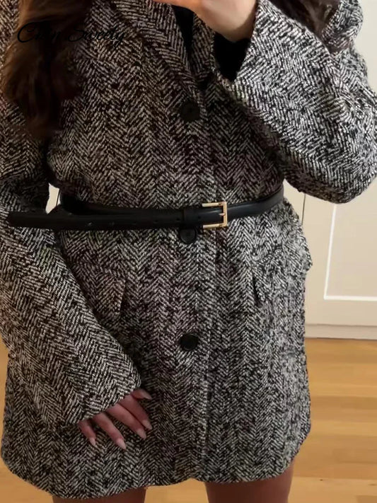Winter With Belt Blazer Coat Women Loose Lapel Tweed Wool Blends Warm Jacket Fashion Temperament Commuting Lady Elegant Outwear